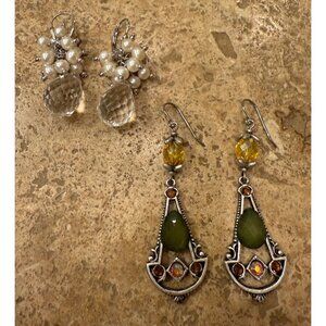 Elegant Vintage Sterling Crystal & Pearl Cluster Earrings Set With Vintage Green